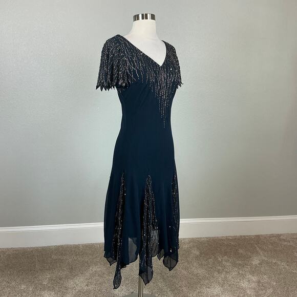 JKara Beaded Chiffon Short Sleeve Fit and Flare Midi Cocktail Dress Blue Size 6 - Picture 2 of 12
